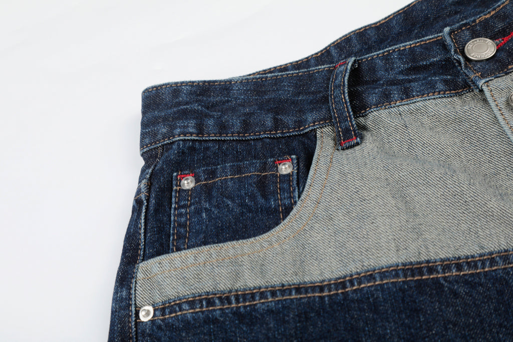 DONOTLOGO Vintage Denim Revival Collection | Unisex Relaxed Fit Patchwork Cropped Pants | Bold Contrast Stitching & Button-Fly Detail with Vintage Wash Finish