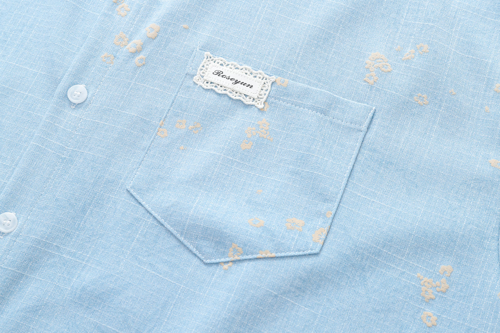 DONOTLOGO Soft Breeze Collection | Unisex Relaxed Fit Linen-Cotton Blend Shirt | Delicate Beige Floral Print Short Sleeve Top with Vintage Chest Pocket Detail