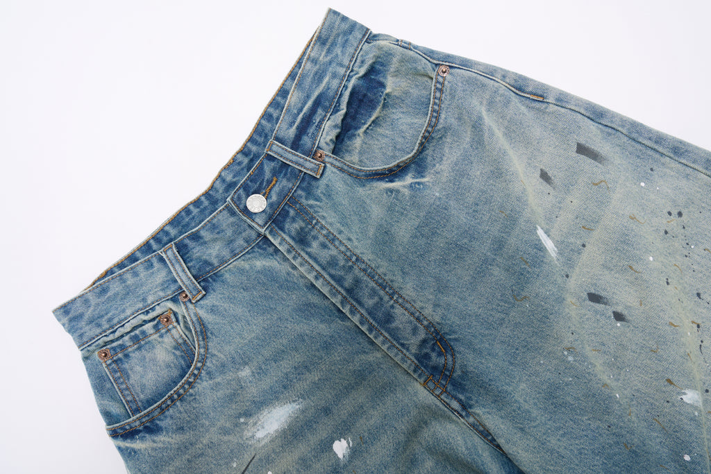 DONOTLOGO Street Art Revival Collection | Unisex Relaxed Fit Denim Shorts | Bold Paint Splatter Seaming & Faded Wash Finish with Classic Cotton Denim Fabric