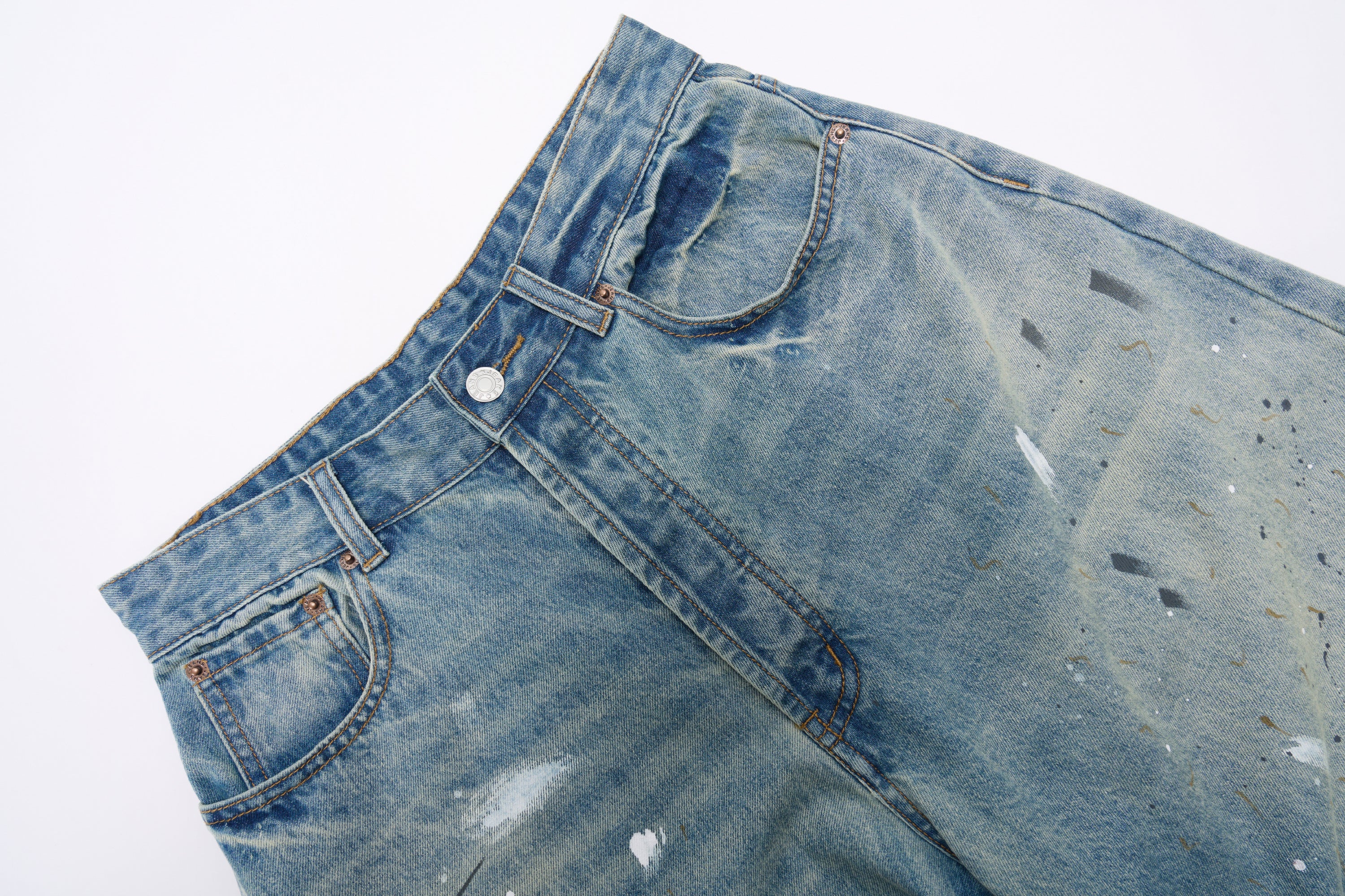 DONOTLOGO Street Art Revival Collection | Unisex Relaxed Fit Denim Shorts | Bold Paint Splatter Seaming & Faded Wash Finish with Classic Cotton Denim Fabric
