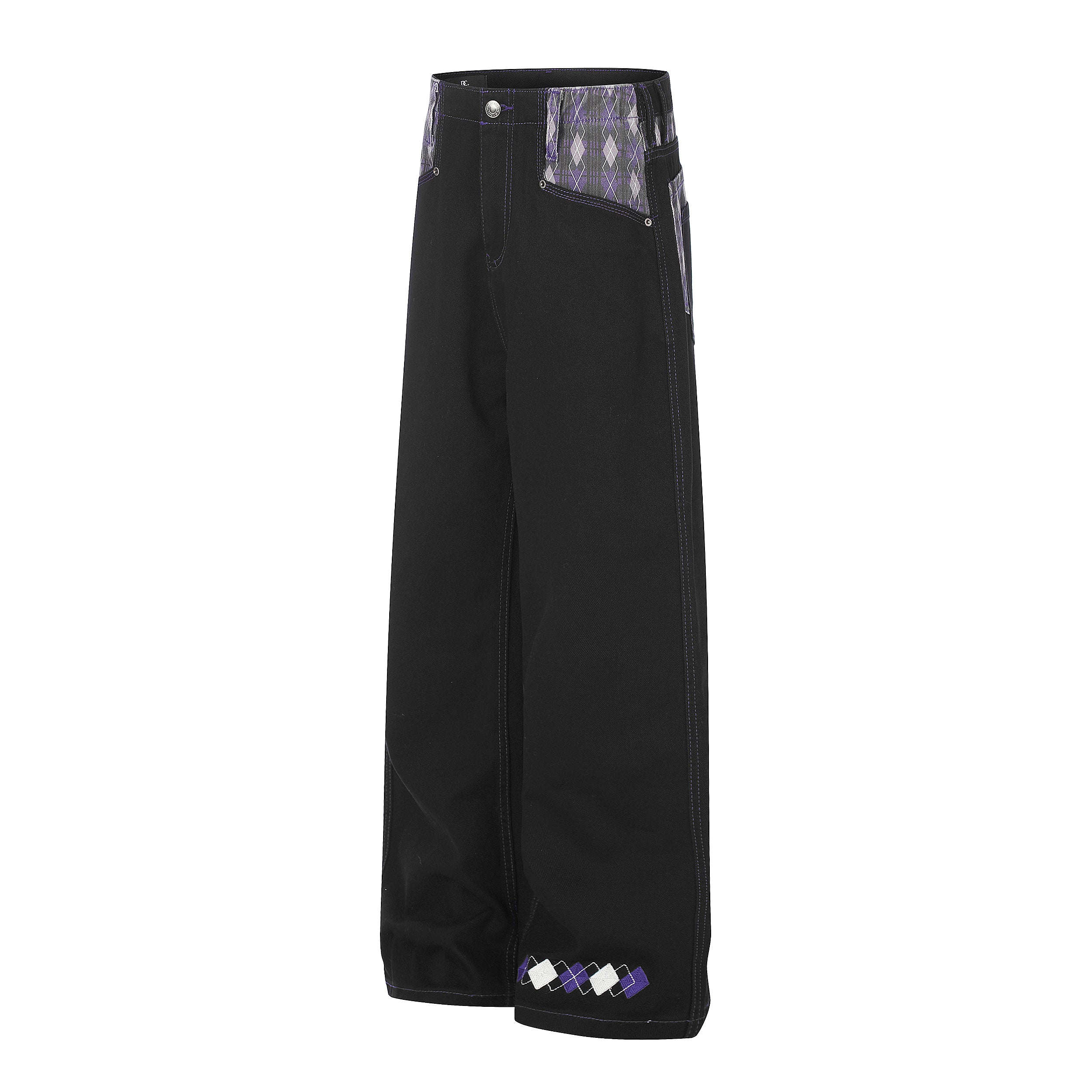 DONOTLOGO Urban Heritage Collection | Unisex Oversized Argyle Patchwork Denim | Retro Aesthetic High-Rise Wide-Leg Bottoms with Authentic Fade Detail