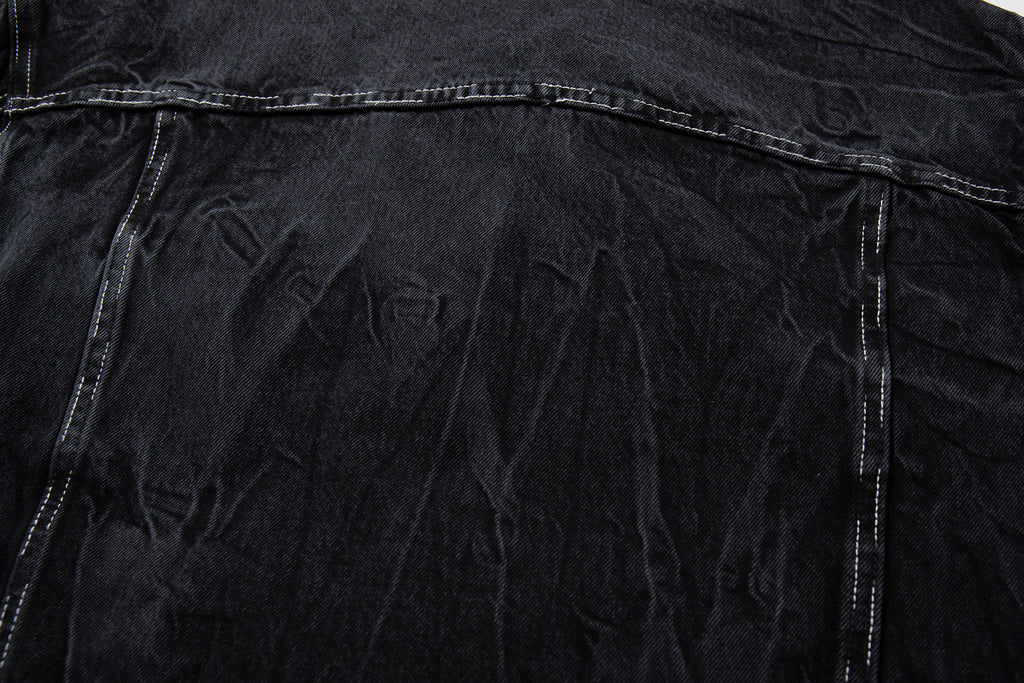 DONOTLOGO Deconstructed Black Denim Jacket - Raw Edge Acid Wash Oversized Jean Jacket - Unisex Grunge Aesthetic Vintage Streetwear