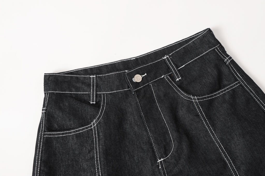 DONOTLOGO Deconstructed Black Baggy Denim Pants | Unisex Y2K Wide Leg Trousers with Bold White Stitching | High Street Relaxed Fit Bottoms