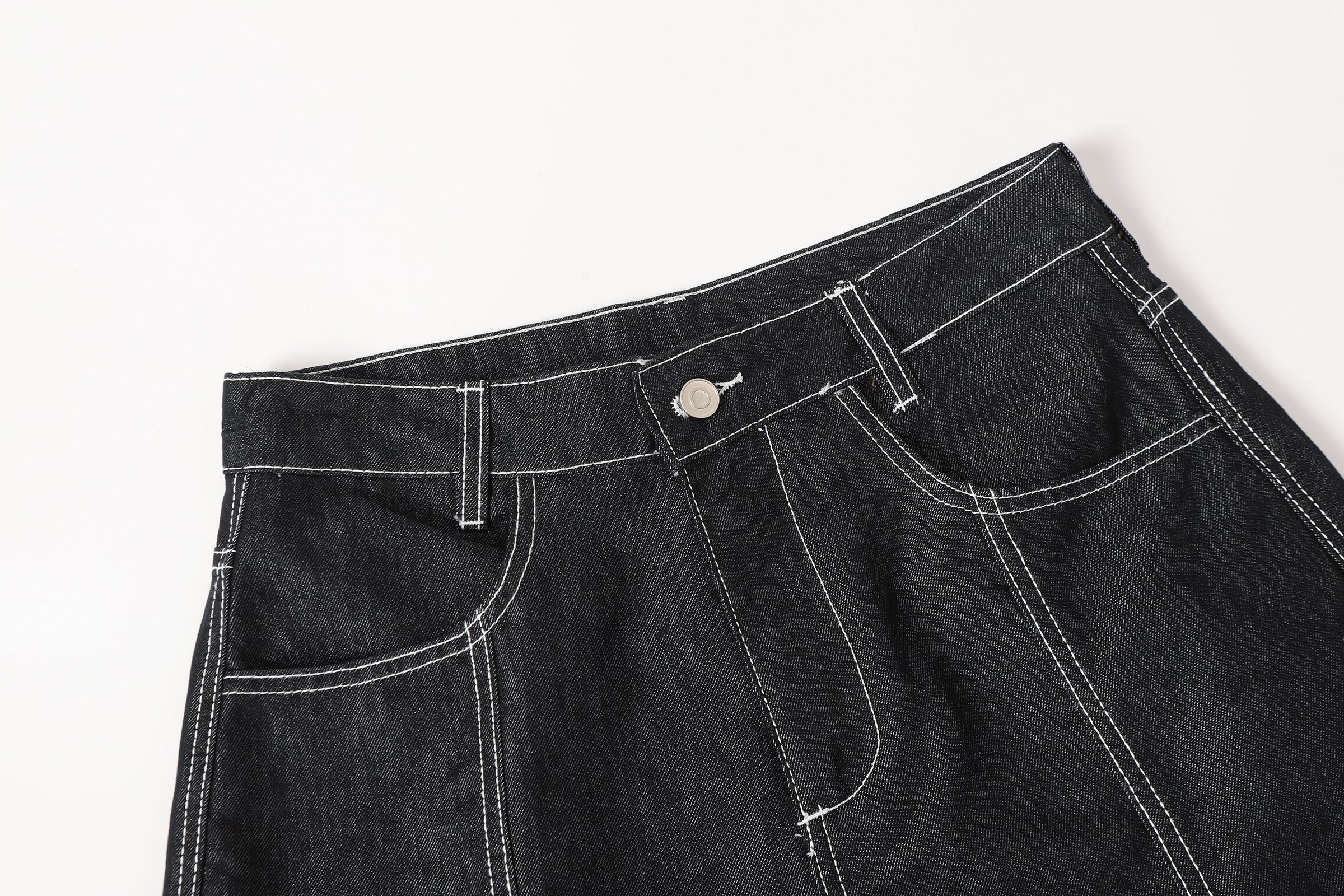 DONOTLOGO Deconstructed Black Baggy Denim Pants | Unisex Y2K Wide Leg Trousers with Bold White Stitching | High Street Relaxed Fit Bottoms