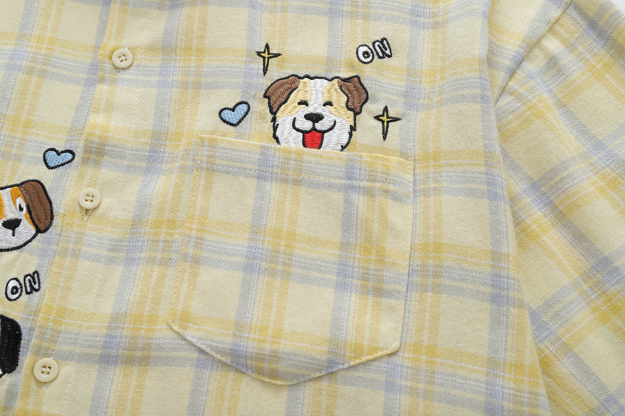 DONOTLOGO Kawaii Pet Lover Collection | Unisex Oversized Plaid Camp Collar Shirt | Vintage Aesthetic Short Sleeve Top with Playful Puppy Embroidery Detail