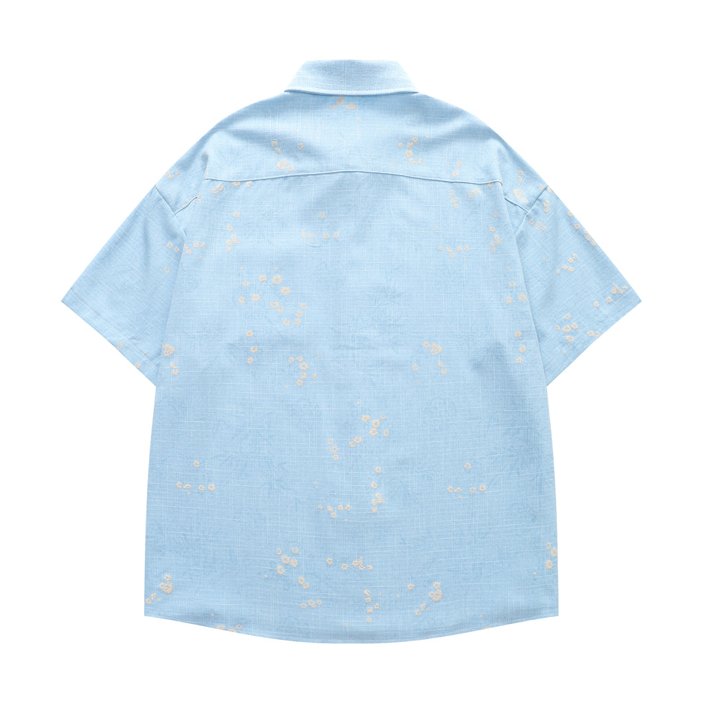 DONOTLOGO Soft Breeze Collection | Unisex Relaxed Fit Linen-Cotton Blend Shirt | Delicate Beige Floral Print Short Sleeve Top with Vintage Chest Pocket Detail