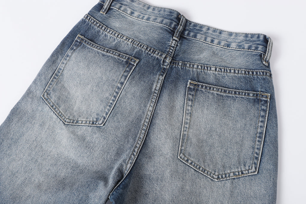 DONOTLOGO Retro Blue Baggy Denim Pants | Unisex Y2K Wide Leg Trousers with Natural Whiskering & Fade | High Street Relaxed Fit Bottoms