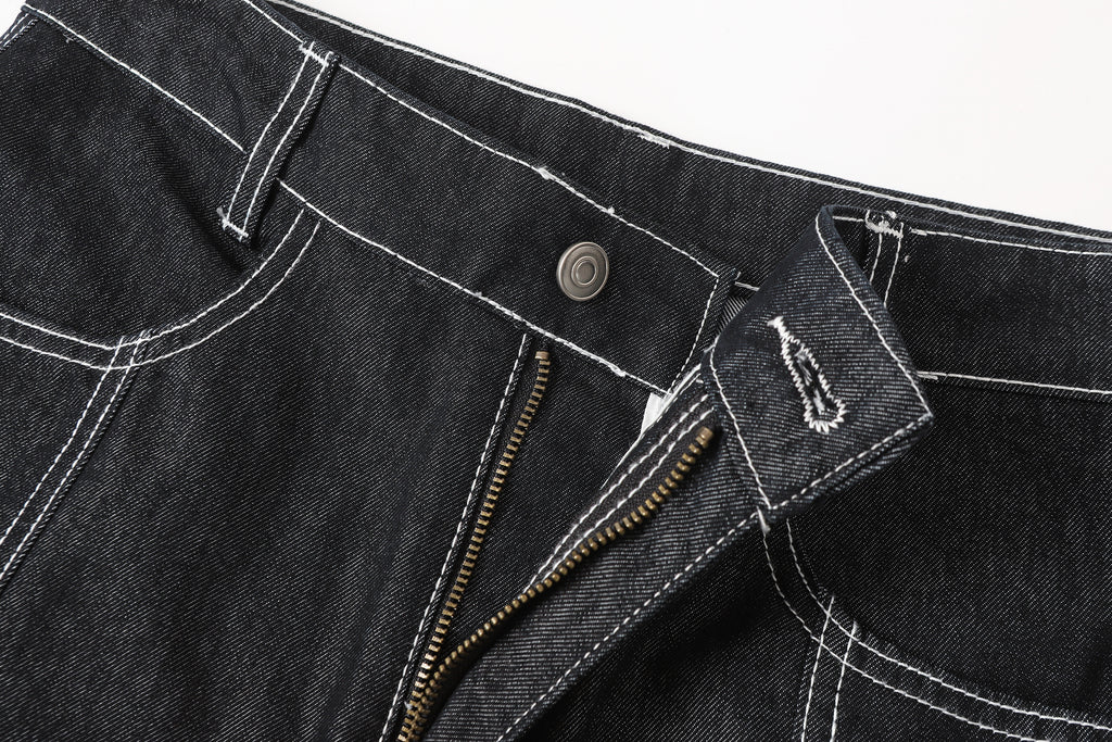 DONOTLOGO Deconstructed Black Baggy Denim Pants | Unisex Y2K Wide Leg Trousers with Bold White Stitching | High Street Relaxed Fit Bottoms