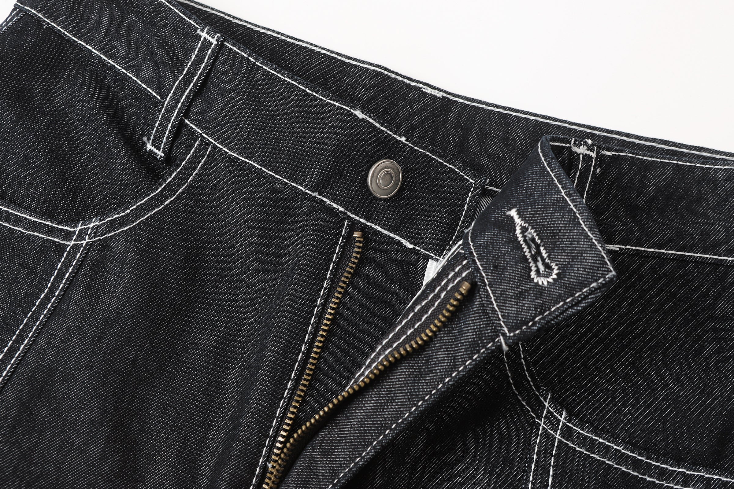 DONOTLOGO Deconstructed Black Baggy Denim Pants | Unisex Y2K Wide Leg Trousers with Bold White Stitching | High Street Relaxed Fit Bottoms