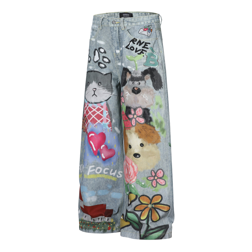 Unisex Cartoon Print Denim Jeans