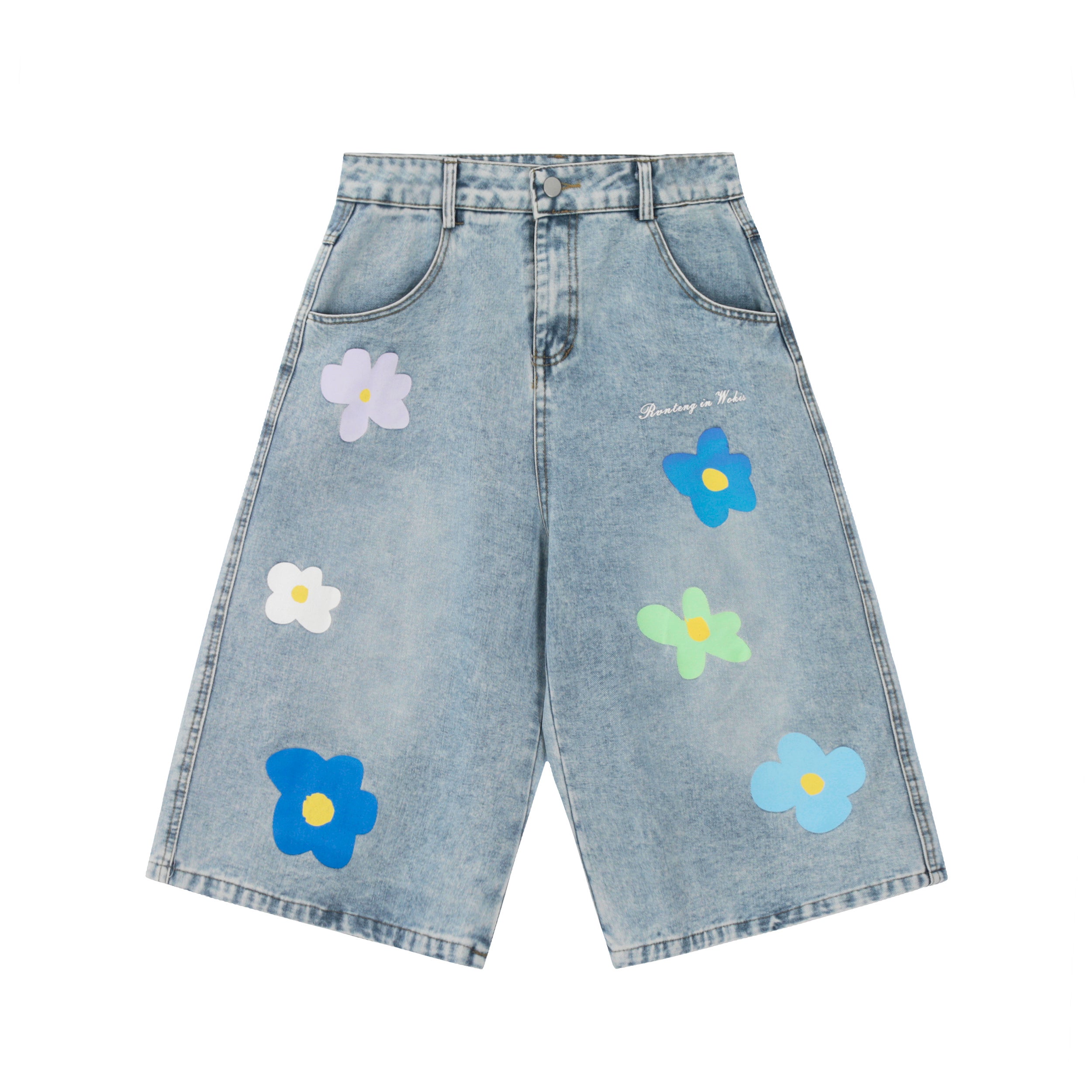 DONOTLOGO Unisex Flower Patch Denim Shorts | Light Wash, High-Waist | Loose Fit Summer Must-Have