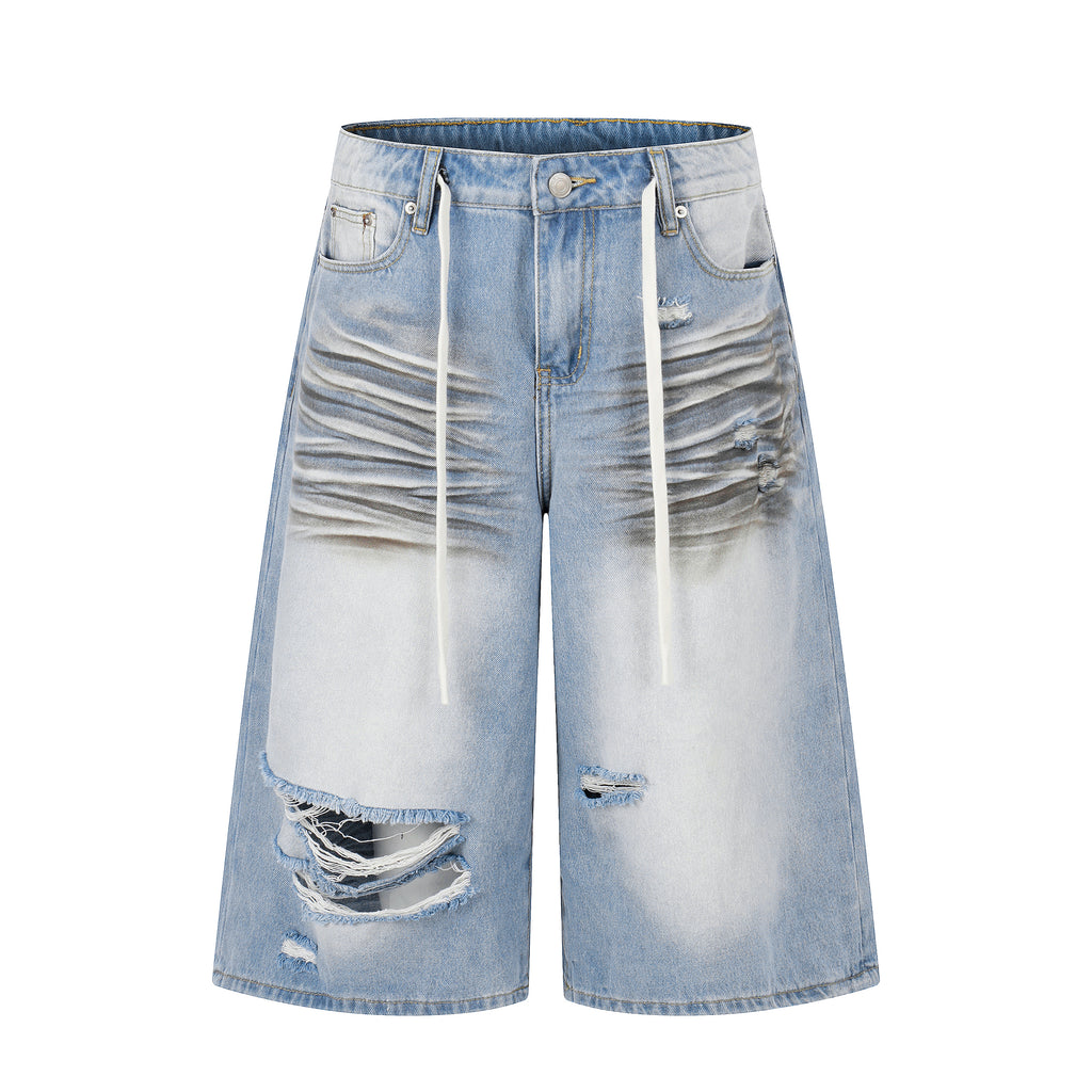 DONOTLOGO Urban Streetwear Collection | Unisex Relaxed Fit Denim Shorts | Bold Ripped Motif & Drawstring Detail with Classic Cotton Denim Fabric