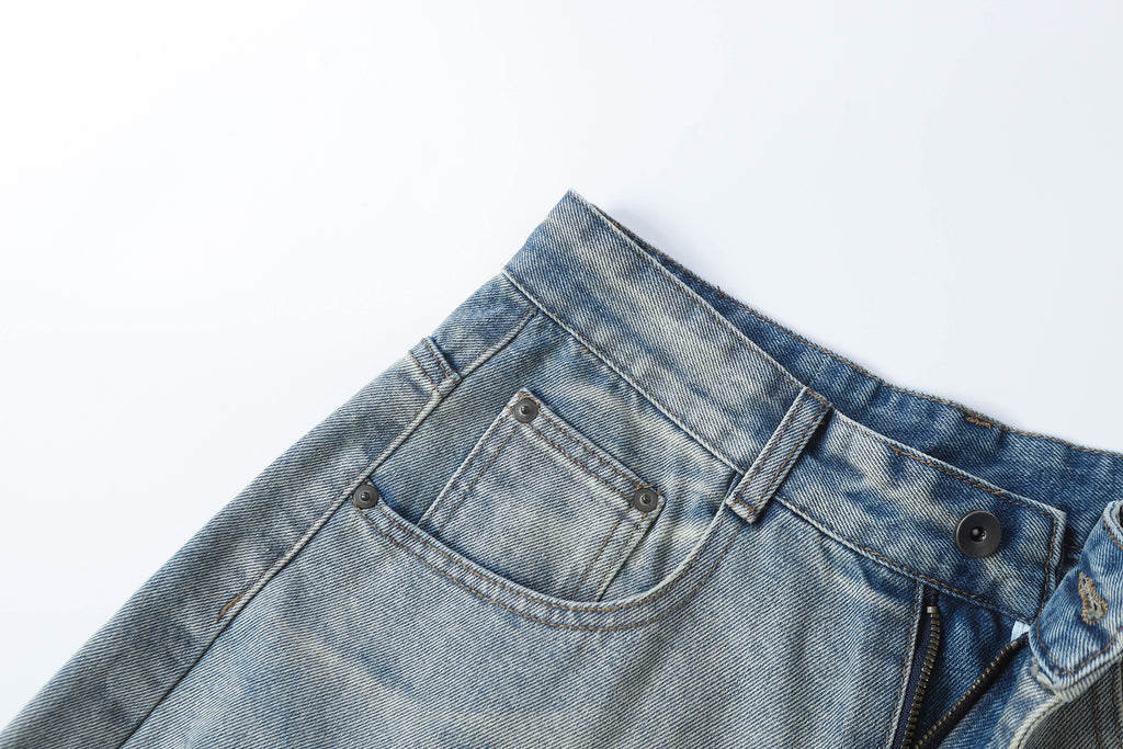DONOTLOGO Retro Blue Baggy Denim Shorts | Unisex Y2K Wide Leg Trousers with Natural Whiskering & Fade | High Street Relaxed Fit Bottoms