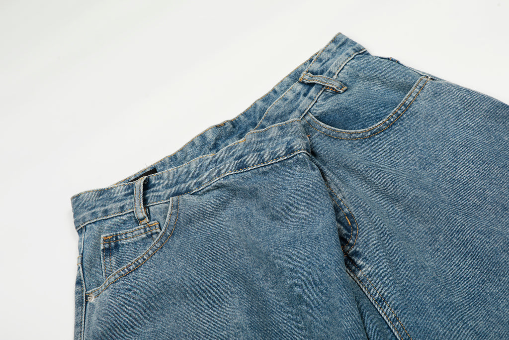 DONOTLOGO Urban Heritage Collection | Unisex Oversized Deconstructed Denim | Retro Aesthetic High-Rise Wide-Leg Bottoms with Authentic Diagonal Button & Folded Waist Detail