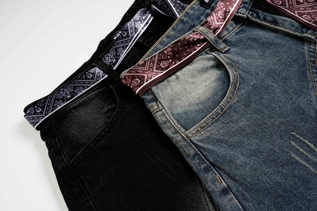 DONOTLOGO "Arc Seam" Distressed Denim - American High Street Baggy Jeans with Contrast Wash & Bandana Belt - Oversized Wide Leg Trousers