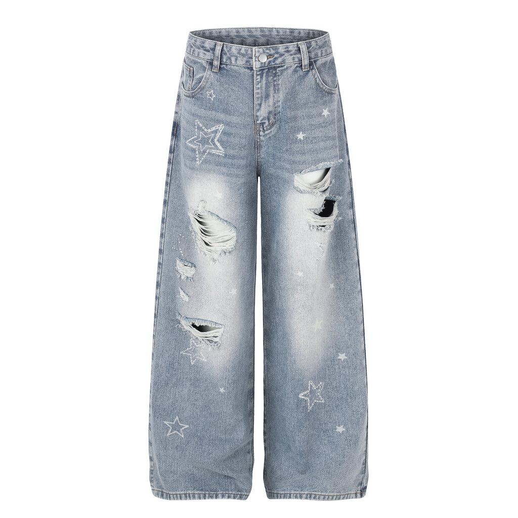 DONOTLOGO Urban Edge Collection | Unisex Relaxed Fit Denim Jeans | Bold Star Embroidery & Ripped Wash Finish with Classic Cotton Denim Fabric