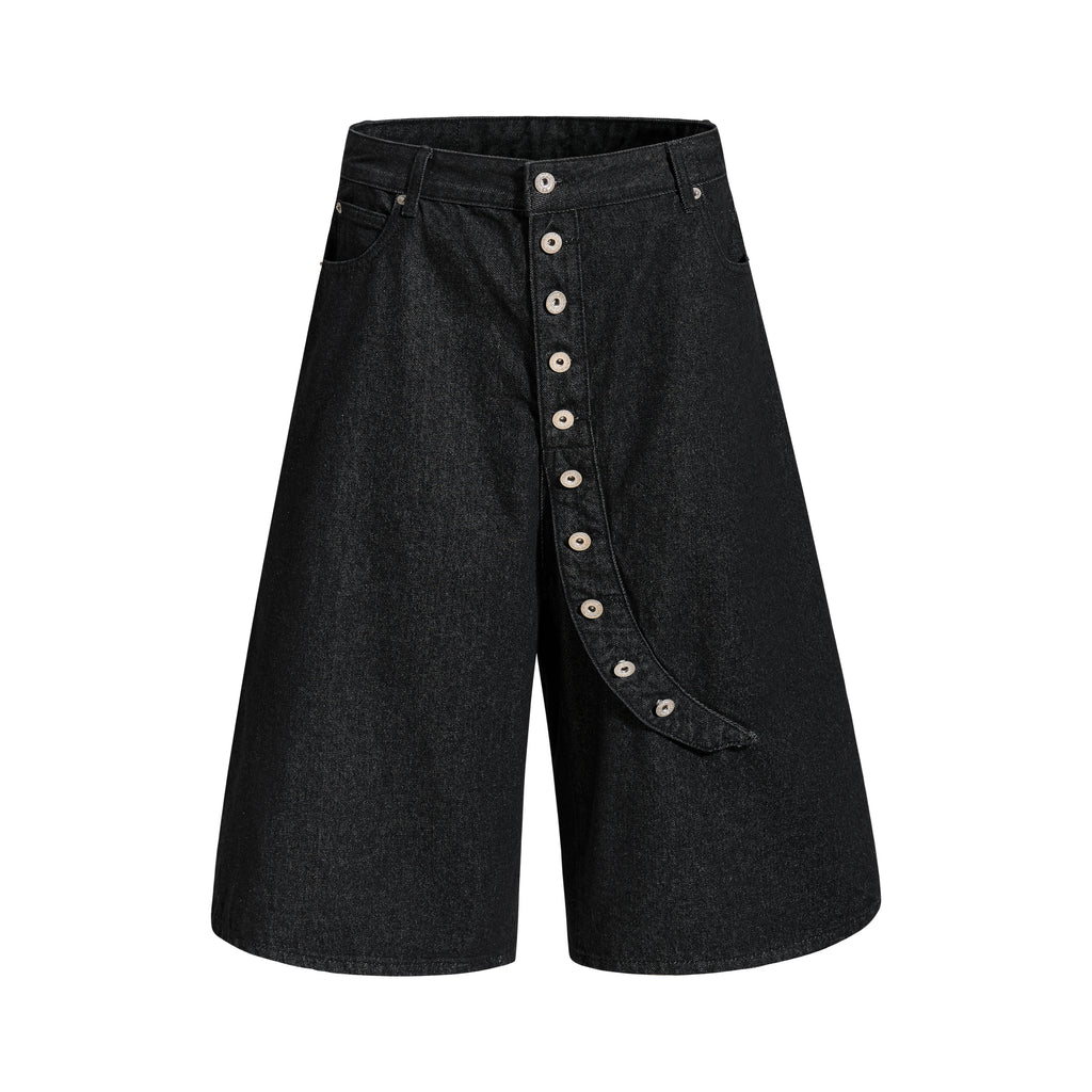 DONOTLOGO Deconstructed Diagonal Fly Denim Shorts | Unisex Oversized Wide-Leg Capris | High Street Raw Edge Design