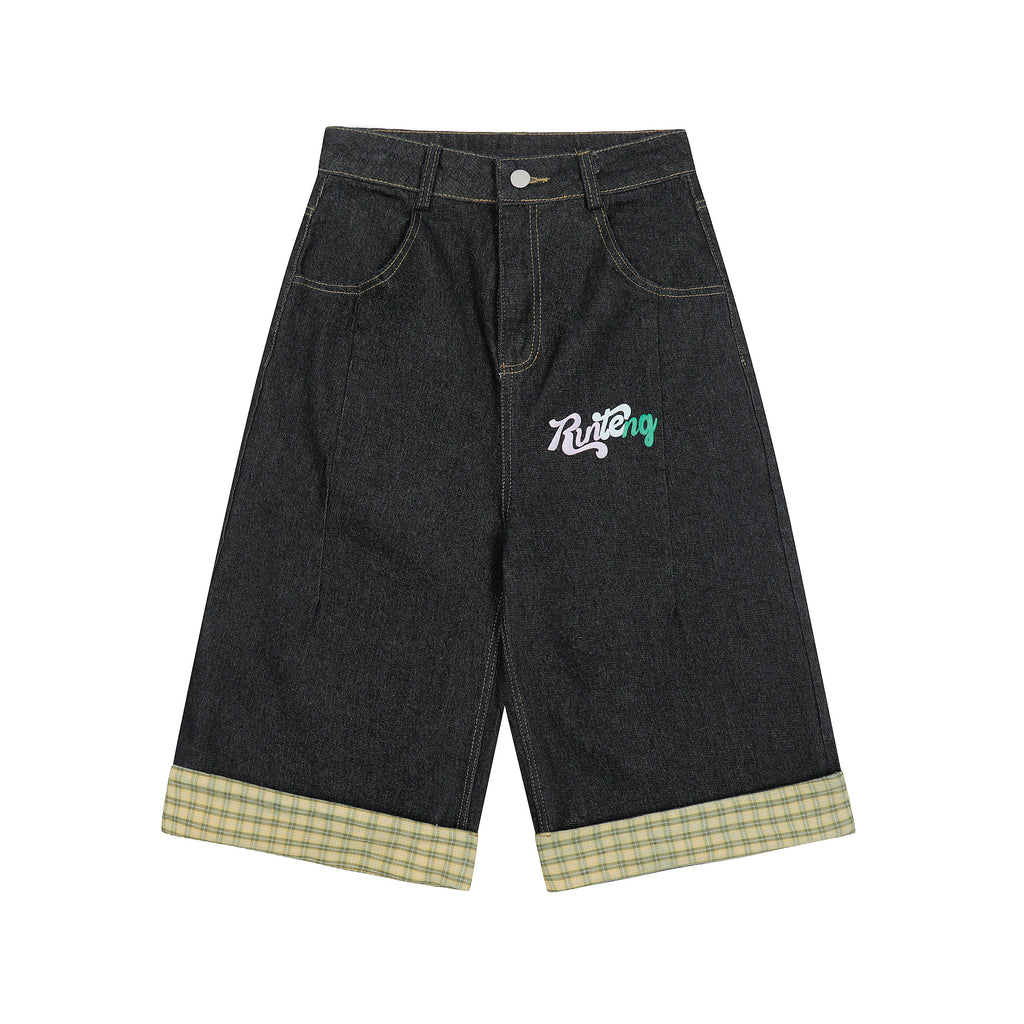 DONOTLOGO Unisex Graffiti Denim Shorts | Dark Wash, Colorful Letters | Plaid Cuffed Hem, Loose Fit Summer Must-Have