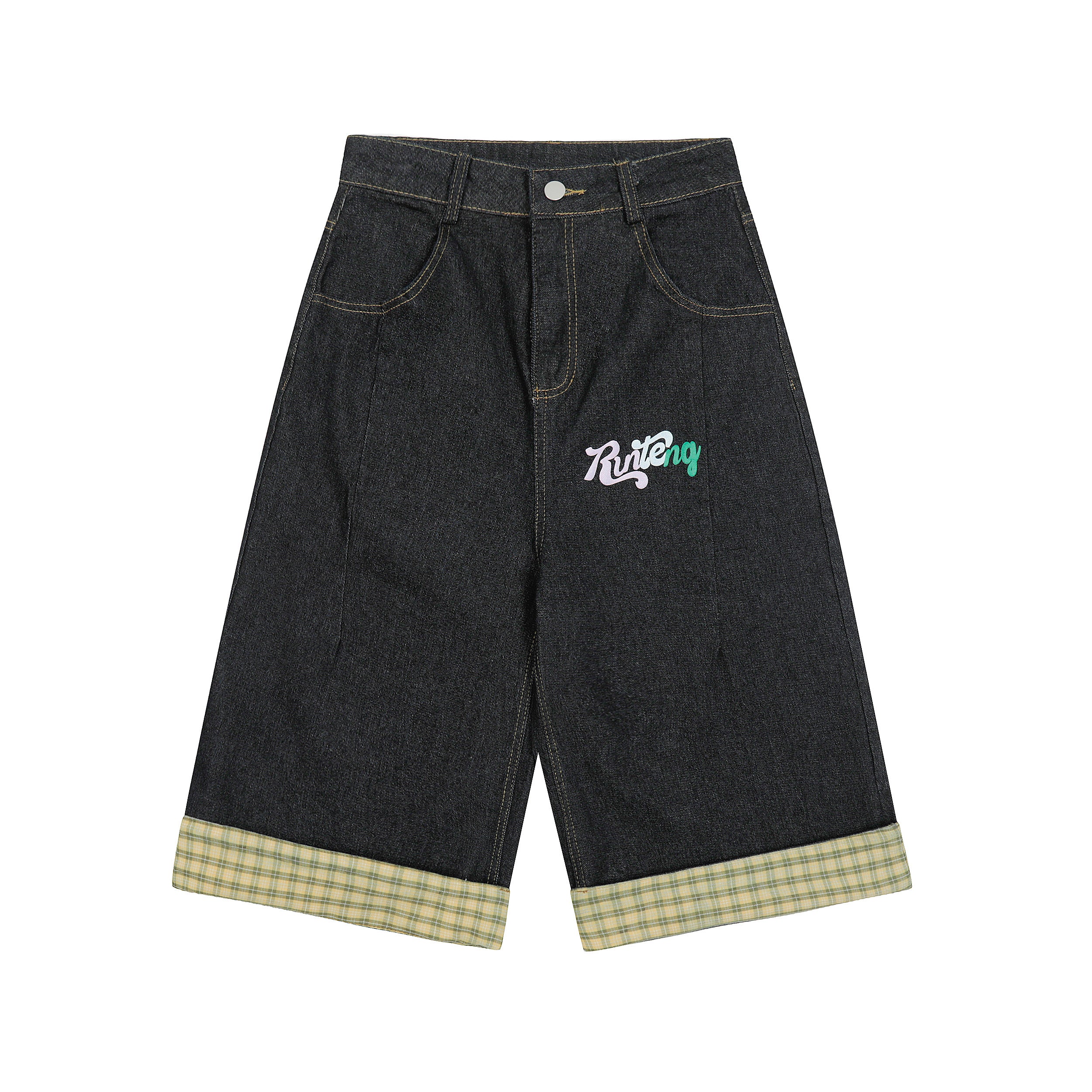 DONOTLOGO Unisex Graffiti Denim Shorts | Dark Wash, Colorful Letters | Plaid Cuffed Hem, Loose Fit Summer Must-Have