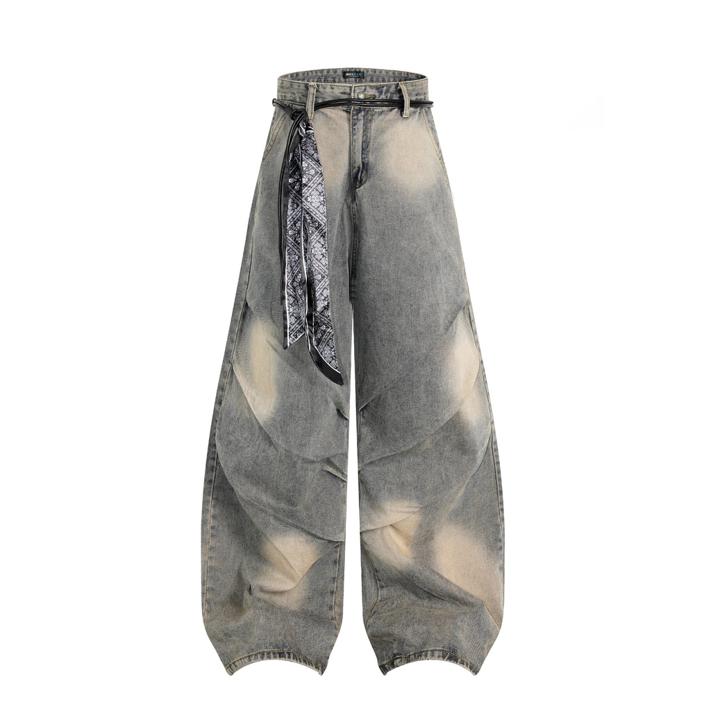 DONOTLOGO "Arc Seam" Distressed Denim - American High Street Baggy Jeans with Contrast Wash & Bandana Belt - Oversized Wide Leg Trousers