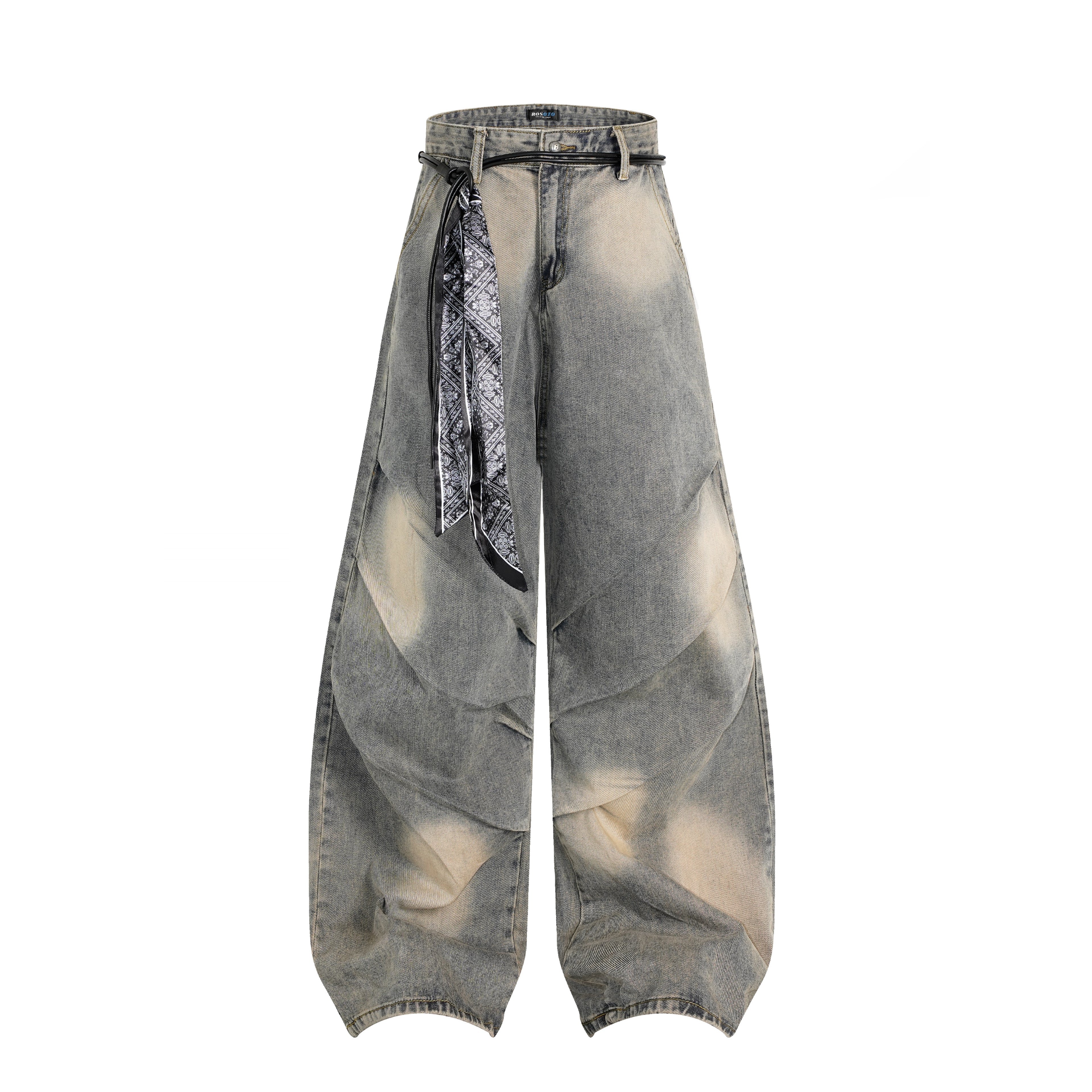 DONOTLOGO "Arc Seam" Distressed Denim - American High Street Baggy Jeans with Contrast Wash & Bandana Belt - Oversized Wide Leg Trousers