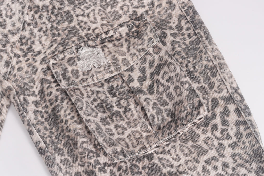 DONOTLOGO Y2K Grunge Aesthetic | Unisex Oversized Cargo Trousers | Distressed Leopard Print with Functional Streetwear Pockets