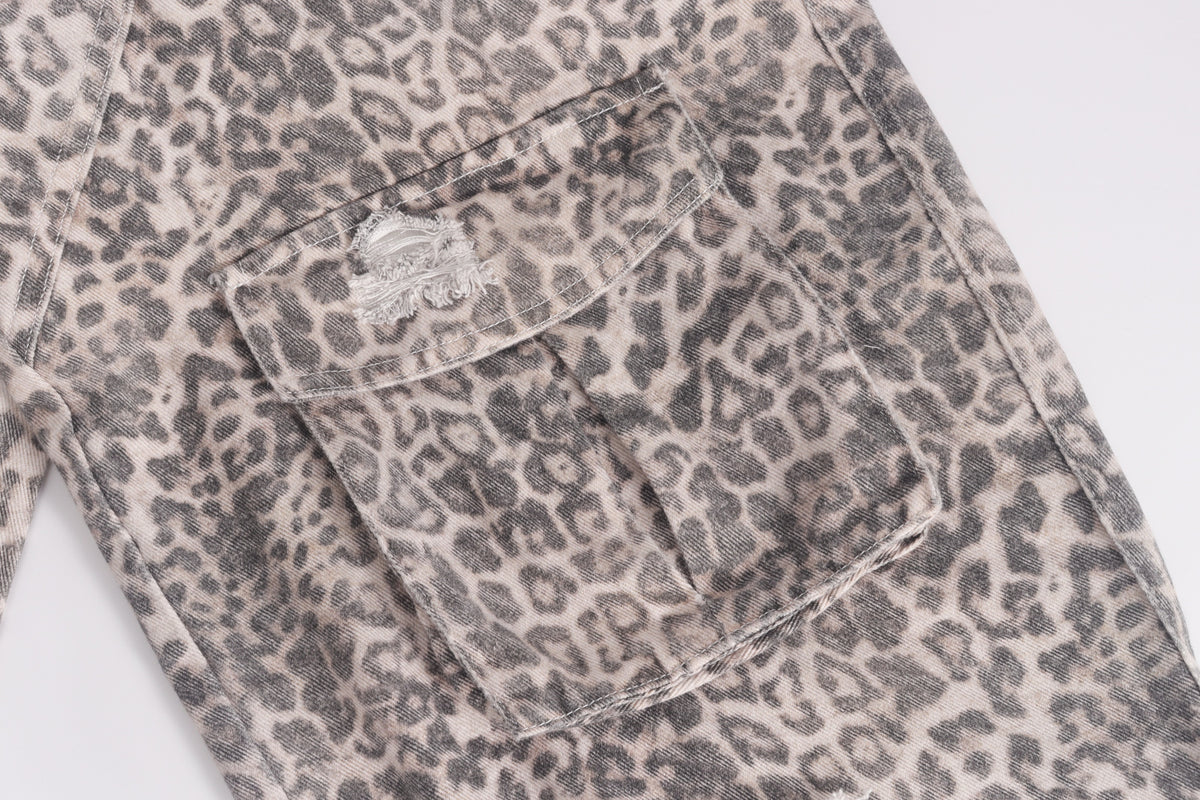 DONOTLOGO Y2K Grunge Aesthetic | Unisex Oversized Cargo Trousers | Distressed Leopard Print with Functional Streetwear Pockets