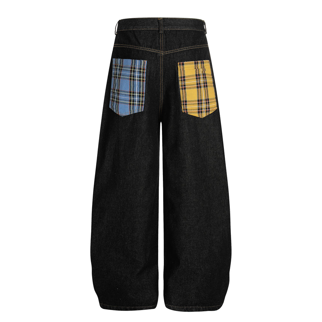 DONOTLOGO ：Urban Streetwear Collection | Unisex Relaxed Silhouette Jeans | Bold Plaid & Number Motif & Soft Denim Fabric