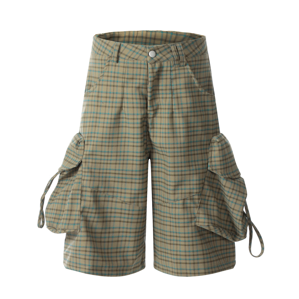 Unisex Green Plaid Patchwork Cargo Pants with Large Pockets