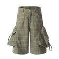 Unisex Green Plaid Patchwork Cargo Pants with Large Pockets