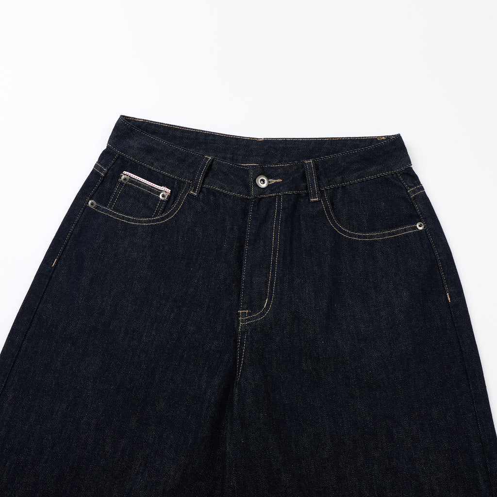 DONOTLOGO Retro Black Raw Denim Shorts | Unisex Y2K Wide Leg Trousers with Minimalist Design | High Street Relaxed Fit Bottoms