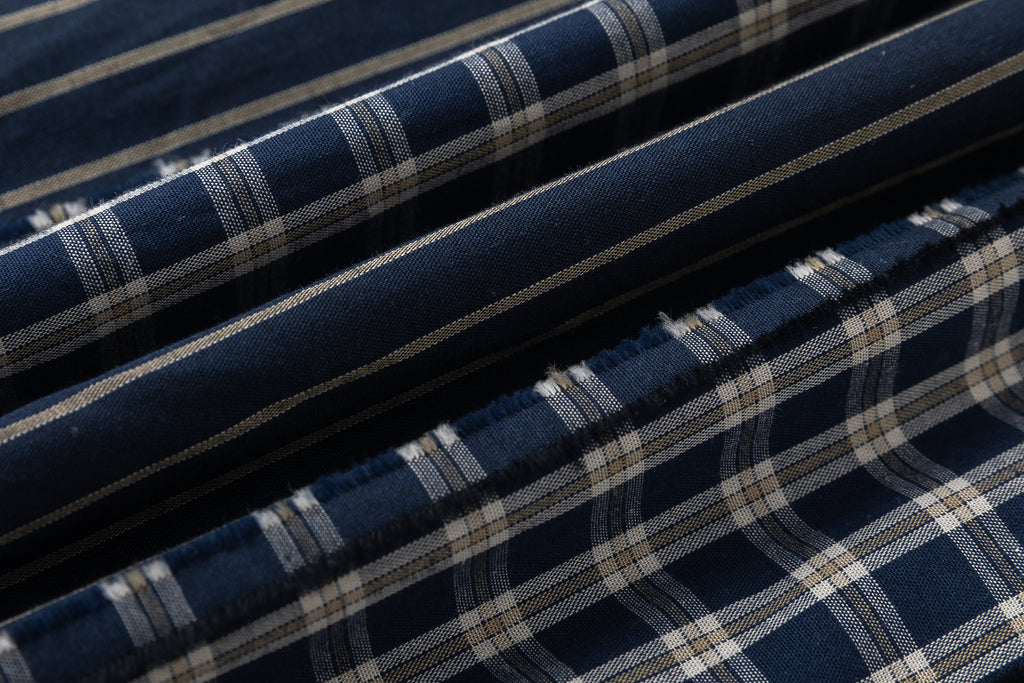 DONOTLOGO Unisex Japanese Retro Patchwork Shirt | Dark Blue Stripes & Plaid | Loose Fit Summer Must-Have
