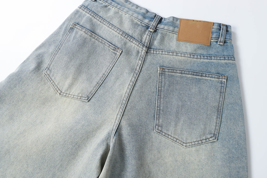DONOTLOGO Retro Blue Baggy Denim Shorts | Unisex Y2K Wide Leg Trousers with Natural Whiskering & Fade | High Street Relaxed Fit Bottoms