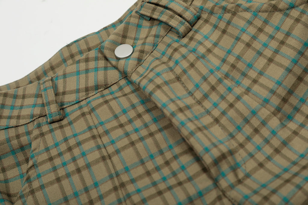 Unisex Green Plaid Patchwork Cargo Pants with Large Pockets