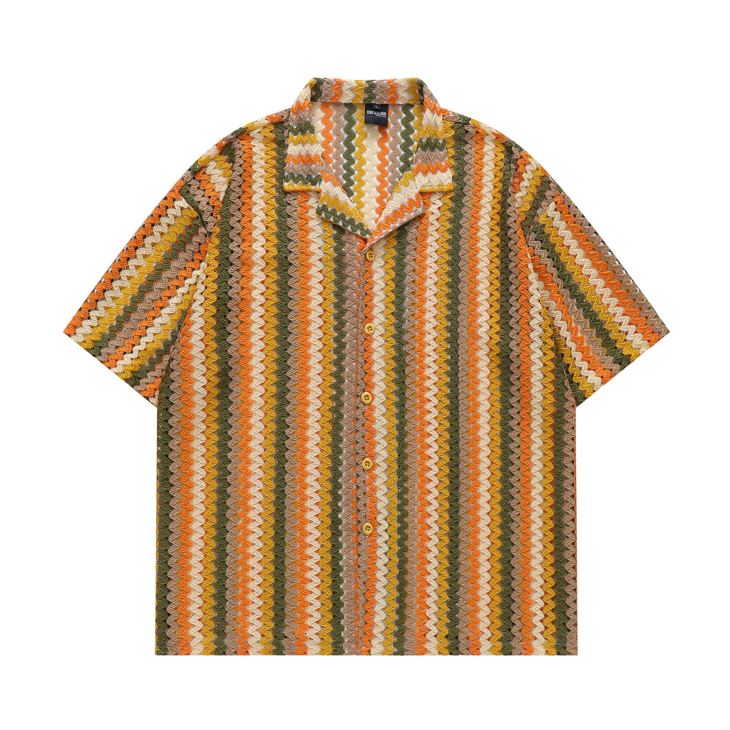 DONOTLOGO 70s Vibe Striped Knit Shirt | Unisex Y2K Cuban Collar Top with Zigzag Print | High Street Relaxed Fit Summer Blouse