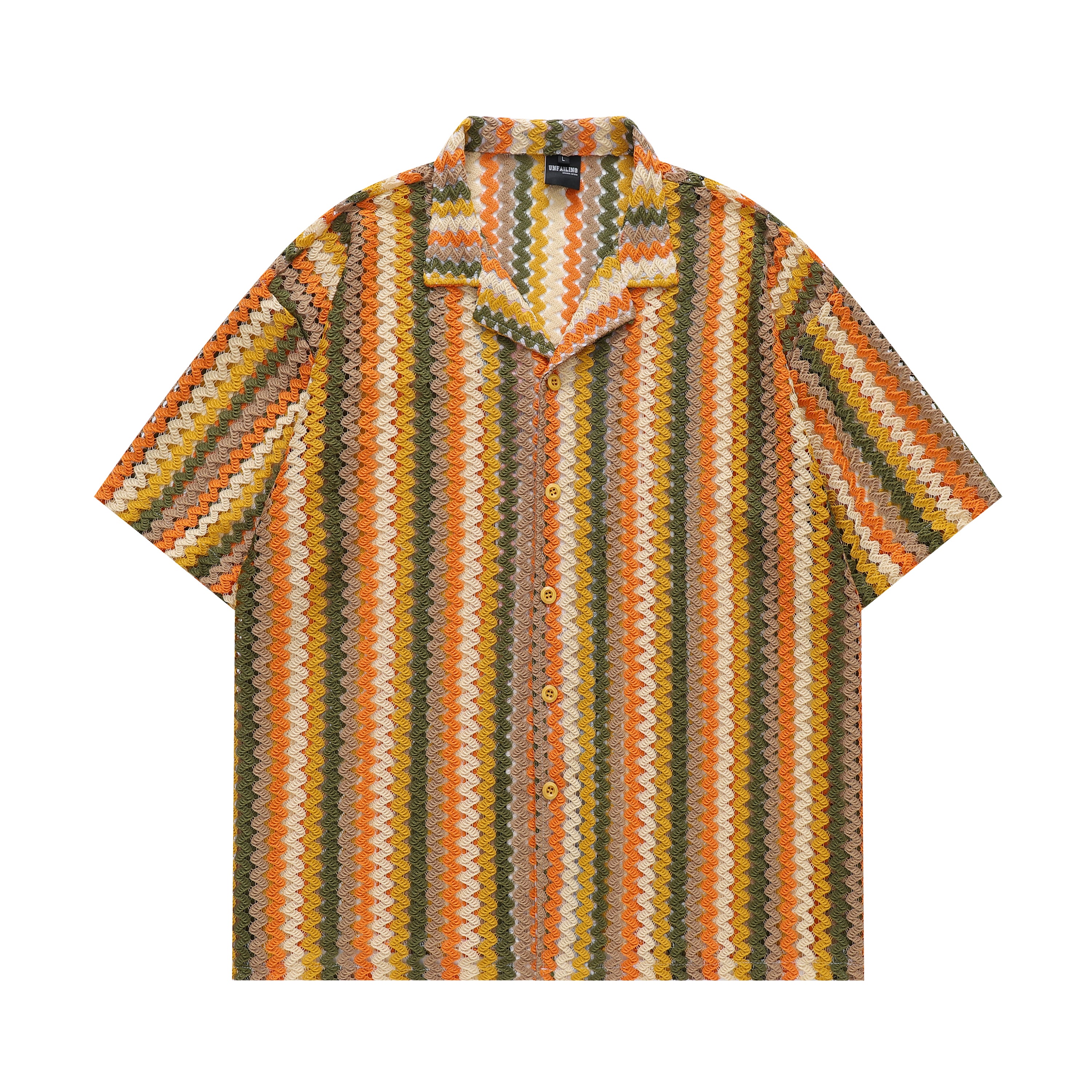 DONOTLOGO 70s Vibe Striped Knit Shirt | Unisex Y2K Cuban Collar Top with Zigzag Print | High Street Relaxed Fit Summer Blouse
