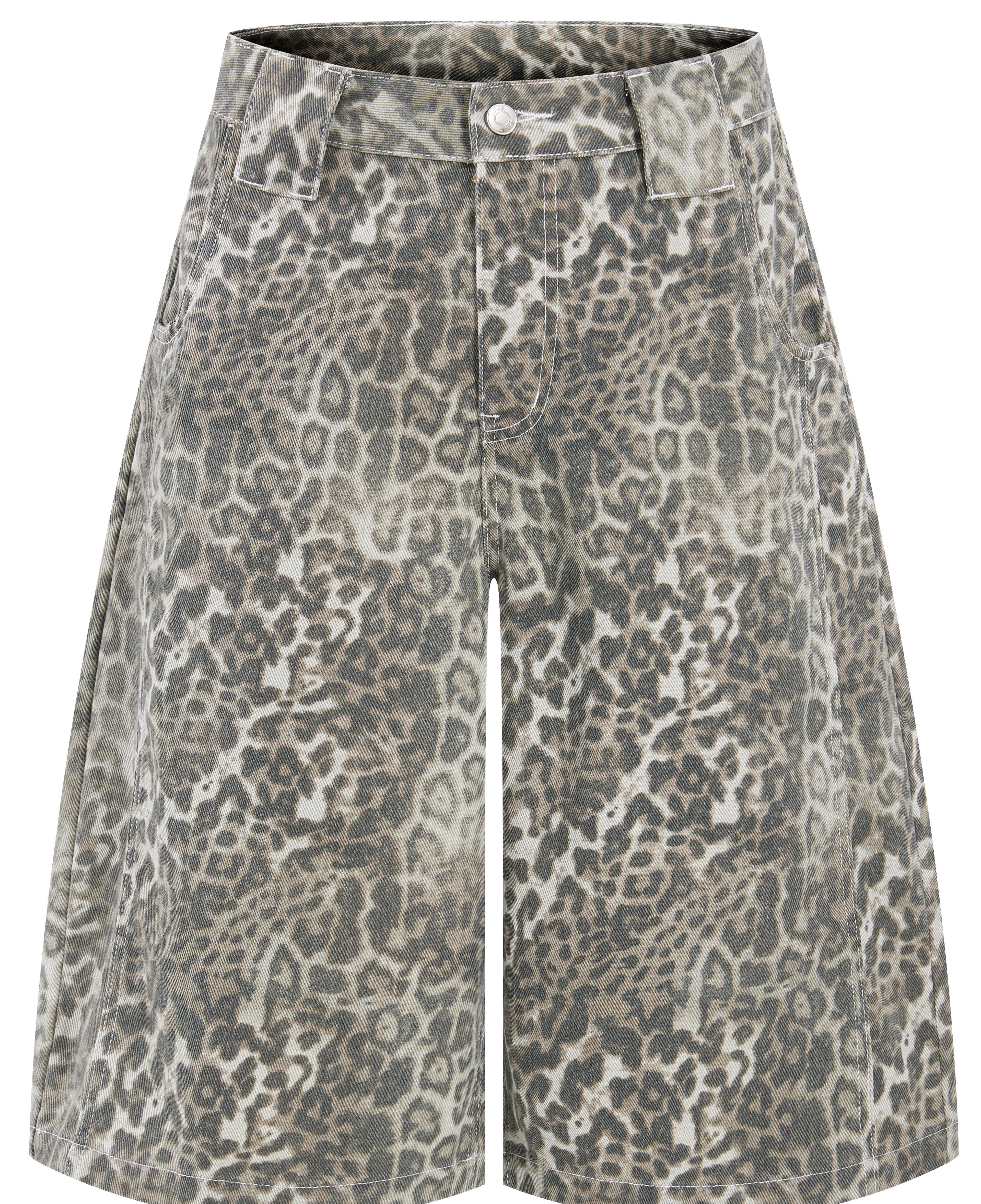 DONOTLOGO Retro Leopard Baggy Denim Shorts | Unisex Y2K Wide Leg Trousers with Bold Animal Print | High Street Relaxed Fit Bottoms