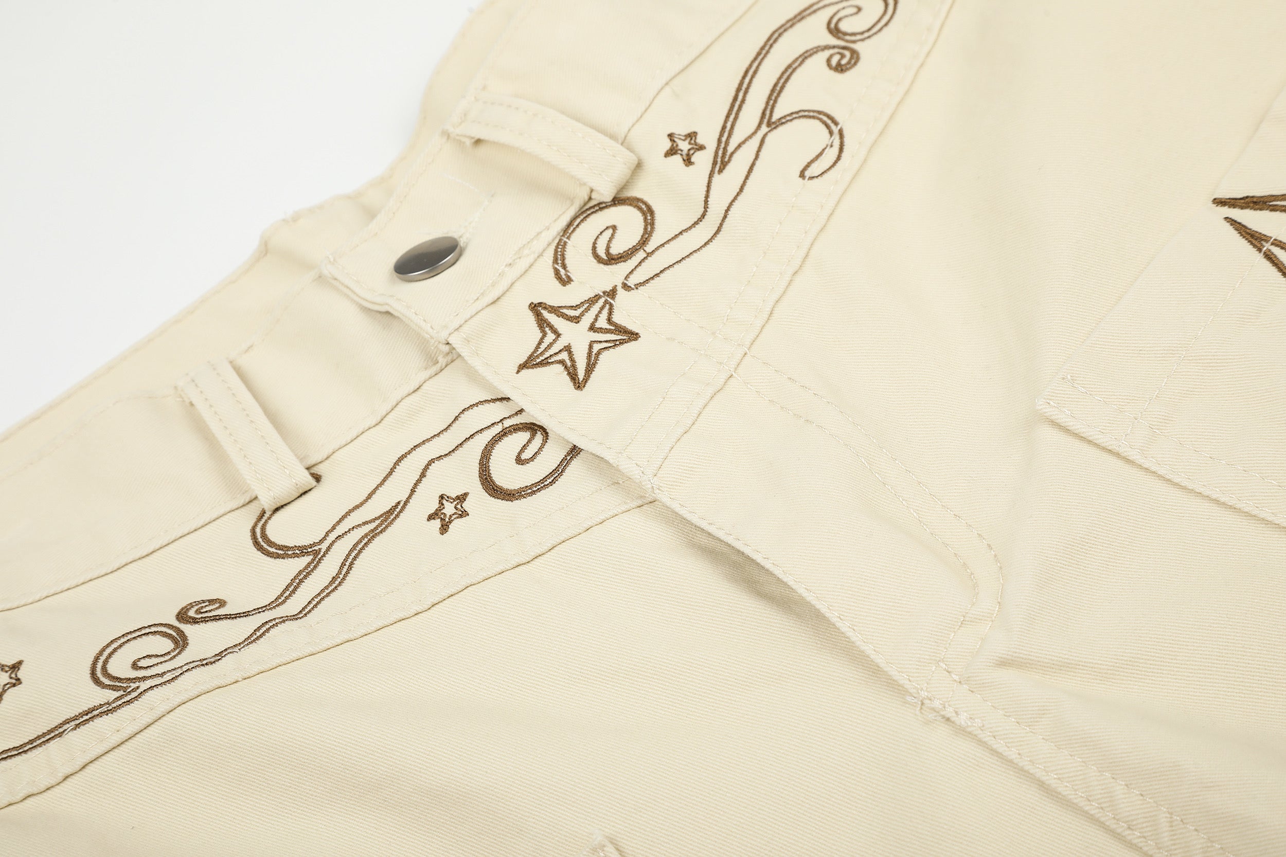 DONOTLOGO Rodeo Dream Collection | Unisex Relaxed Fit Denim-Style Cropped Pants | Bold Star & Scroll Embroidery Detail with High-Rise Waistband