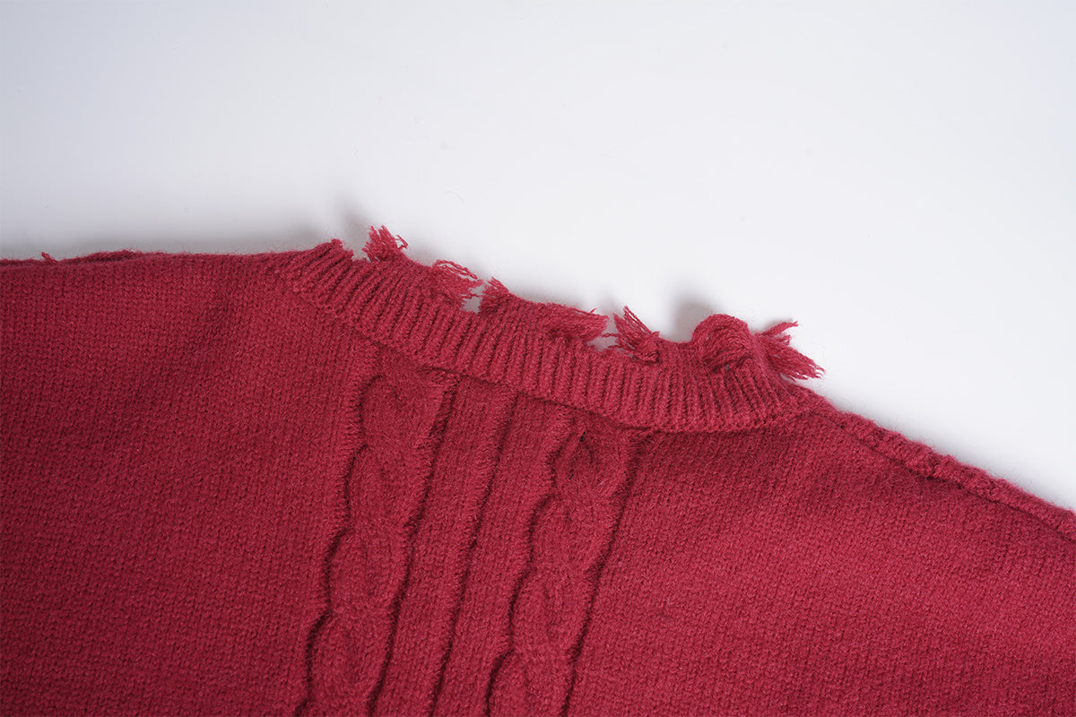 Unisex Streetwear Cable-Knit Sweater with Distressed Lettering