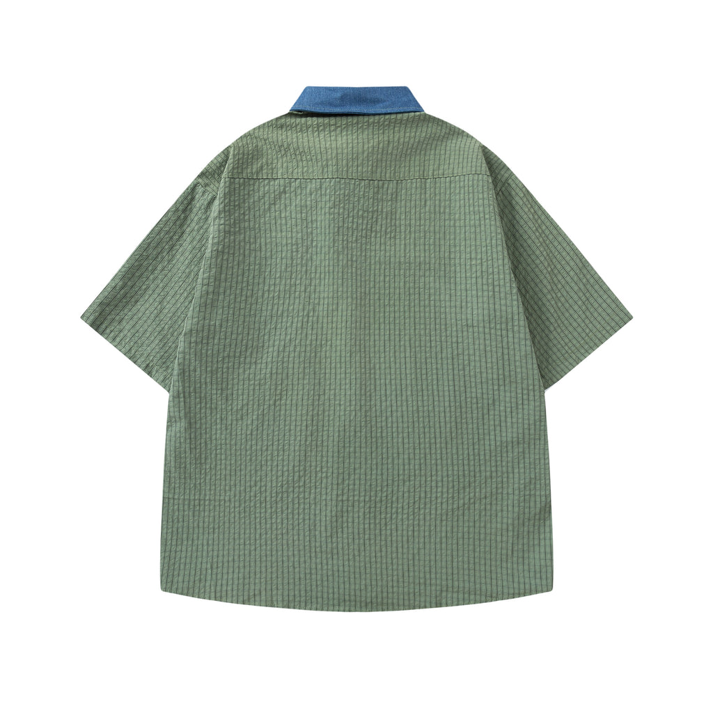 DONOTLOGO Unisex Plaid Shirt with Denim Collar | Colorblock Design, Loose Fit | Japanese Preppy Summer Essential