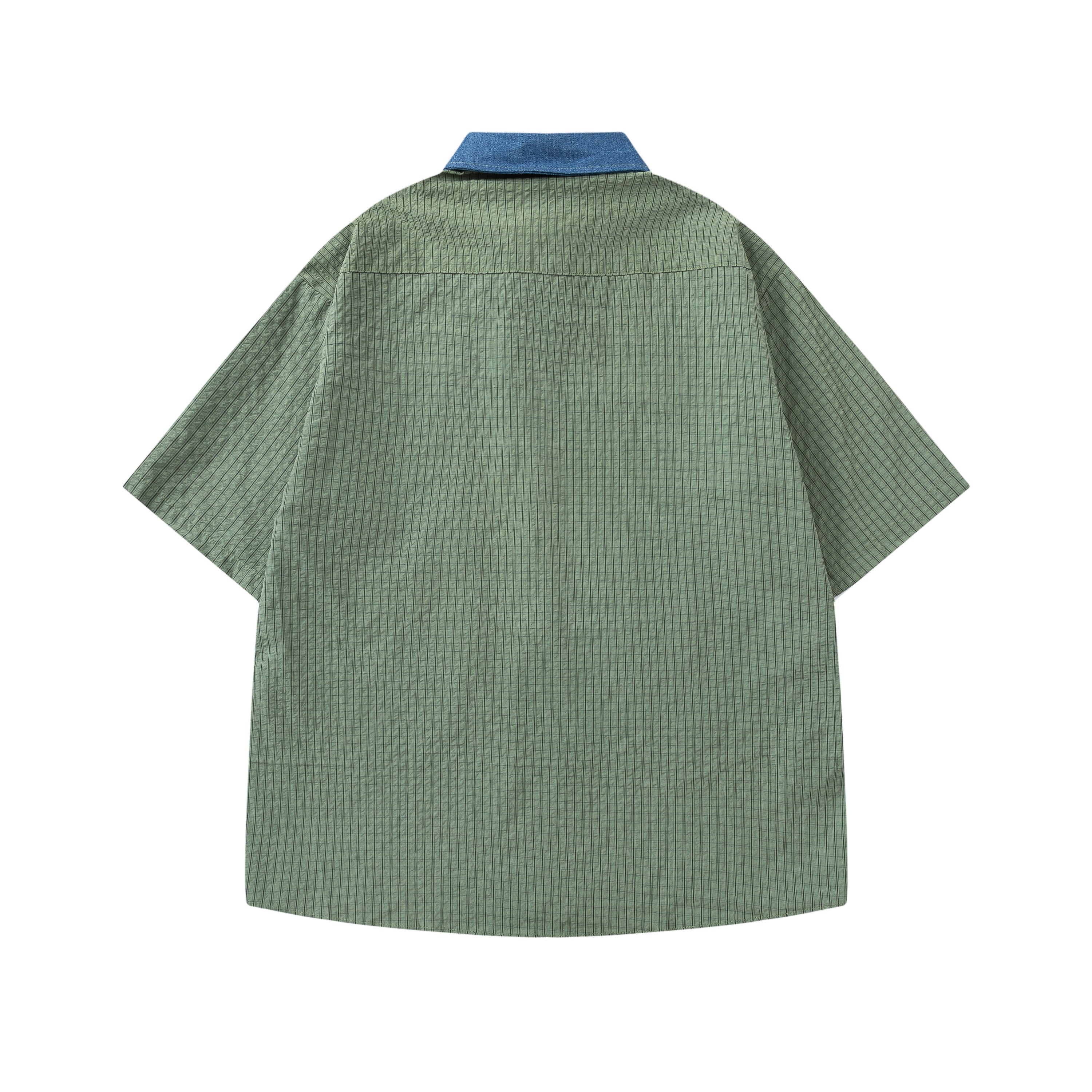 DONOTLOGO Unisex Plaid Shirt with Denim Collar | Colorblock Design, Loose Fit | Japanese Preppy Summer Essential