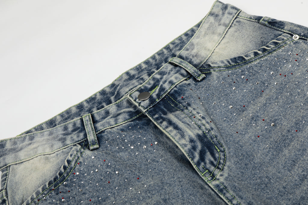 DONOTLOGO Glitter & Grit Collection | Unisex Relaxed Fit Denim Cropped Pants | Sparkling Rhinestone Detail with Vintage Wash Finish & High-Rise Waistband