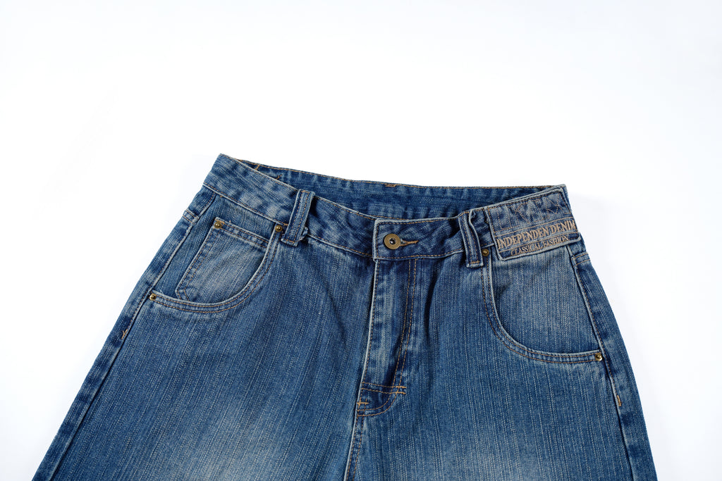 DONOTLOGO Retro Blue Baggy Denim Shorts | Unisex Y2K Wide Leg Trousers with Natural Whiskering & Fade | High Street Relaxed Fit Bottoms