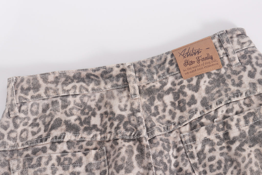 DONOTLOGO Y2K Grunge Aesthetic | Unisex Oversized Cargo Trousers | Distressed Leopard Print with Functional Streetwear Pockets