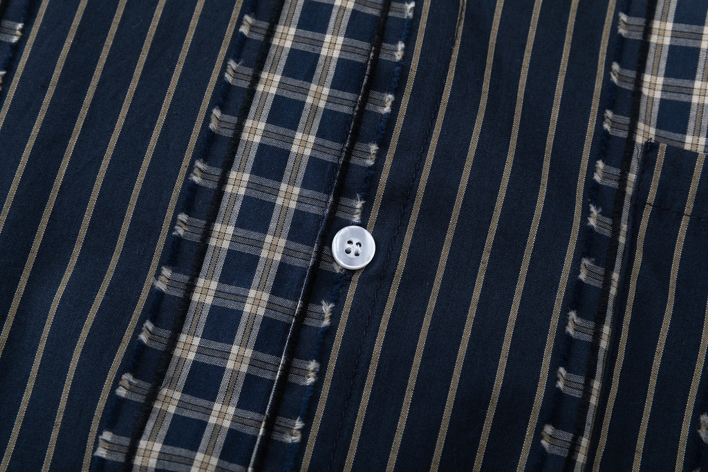 DONOTLOGO Unisex Japanese Retro Patchwork Shirt | Dark Blue Stripes & Plaid | Loose Fit Summer Must-Have