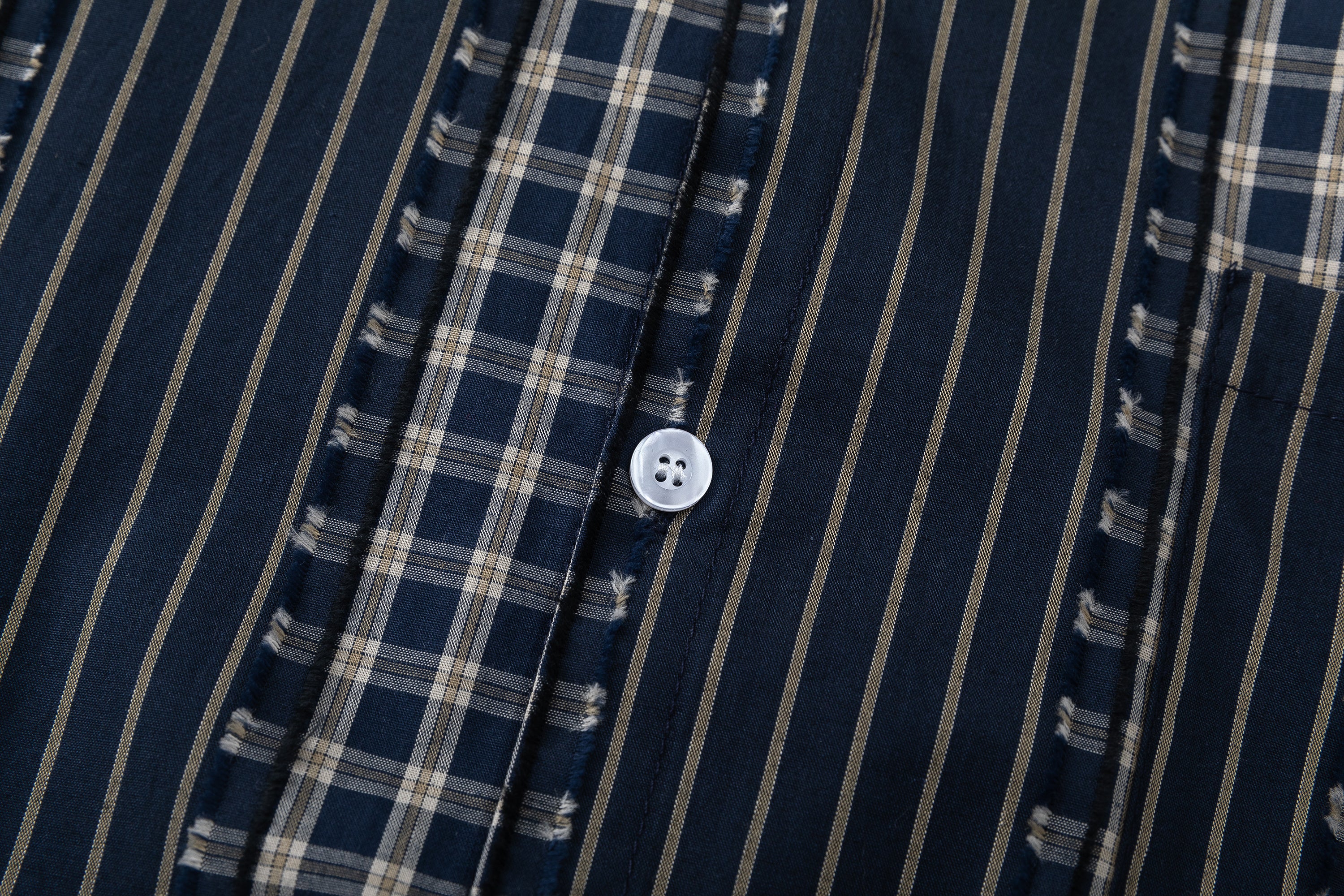 DONOTLOGO Unisex Japanese Retro Patchwork Shirt | Dark Blue Stripes & Plaid | Loose Fit Summer Must-Have