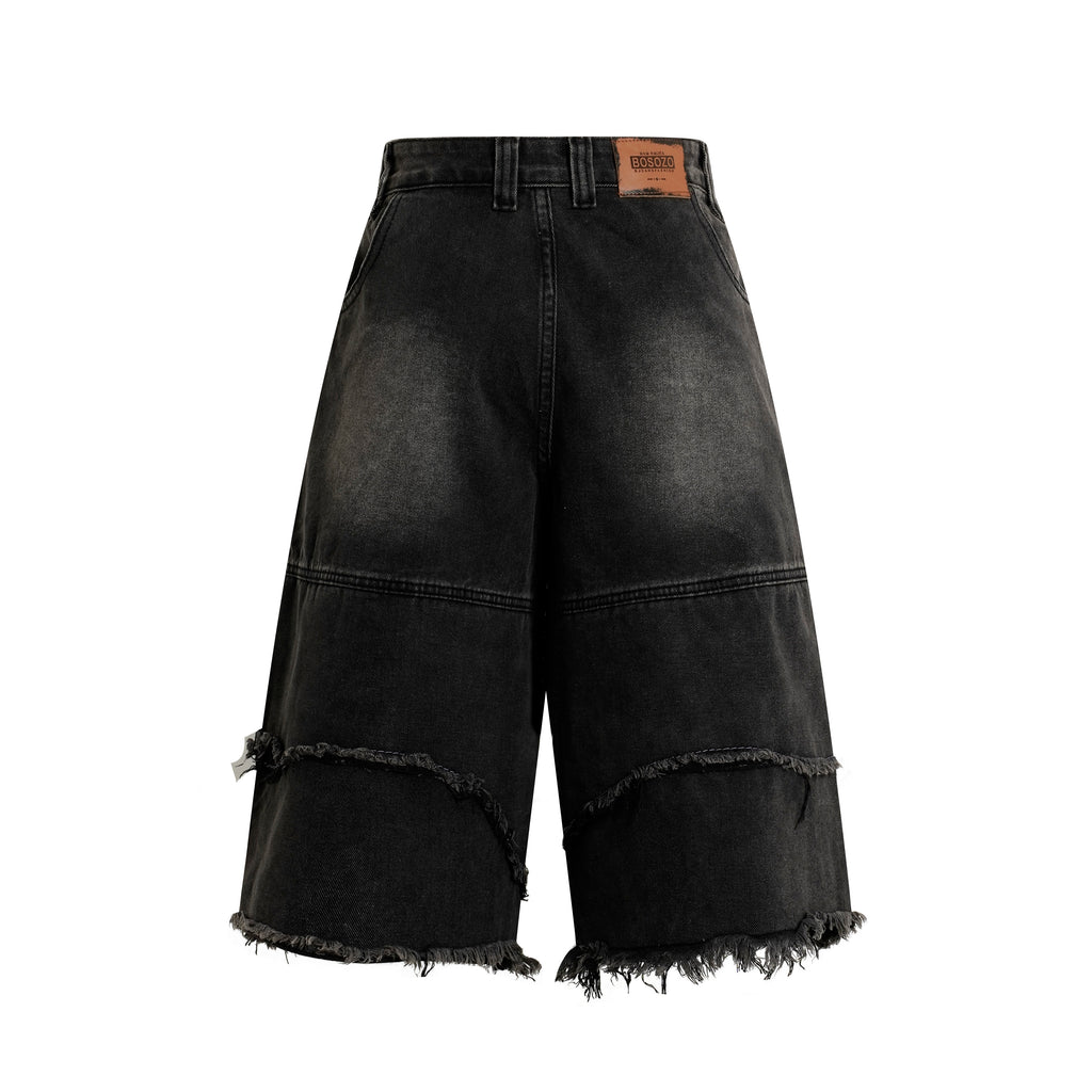 DONOTLOGO Deconstructed Wide Leg Denim Jorts - Raw Edge Patchwork Jean Shorts - Unisex Y2K Grunge Aesthetic Baggy Shorts