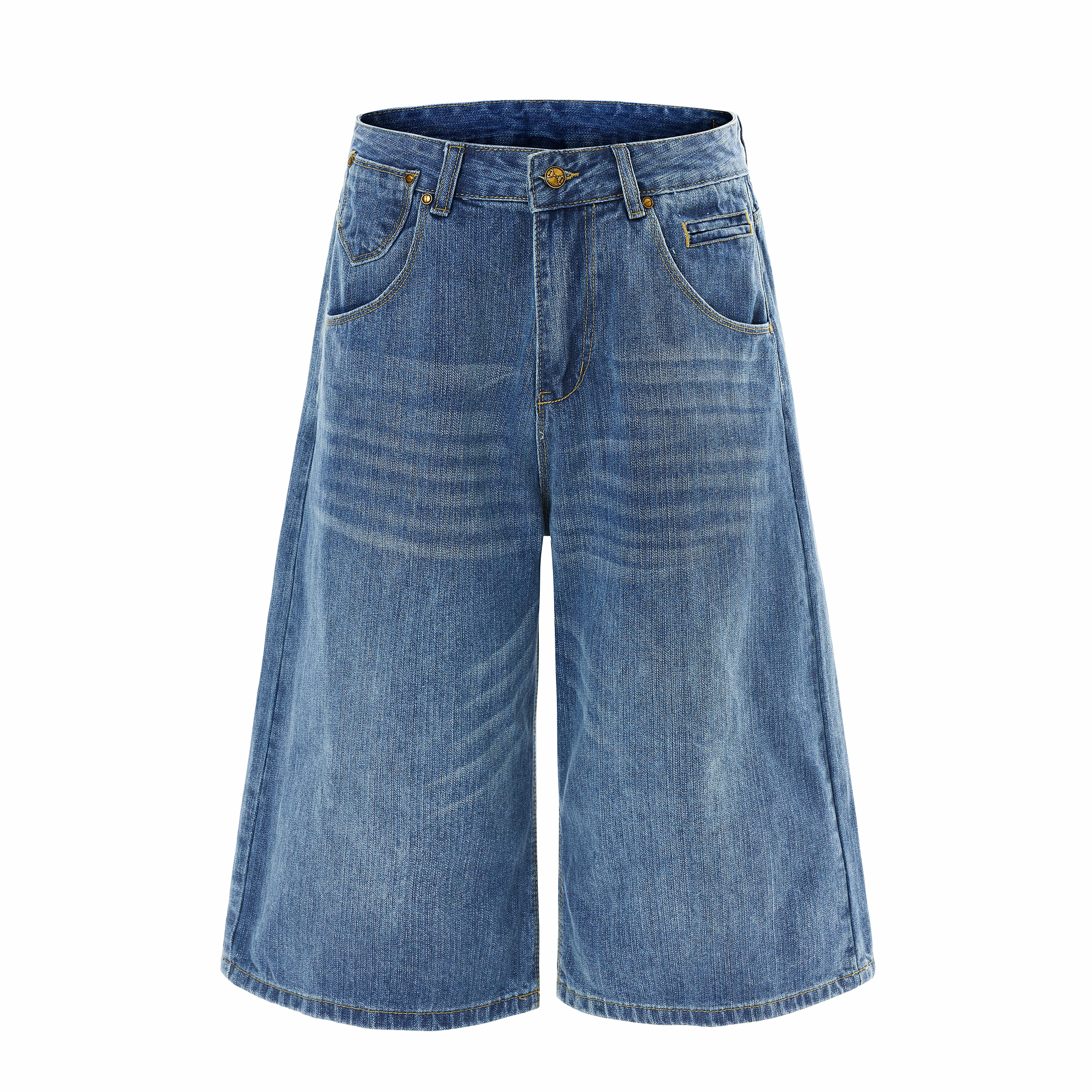 DONOTLOGO Oversized Vintage Denim Culottes - Unisex Baggy Jorts with Embroidered Flap Pockets - Edgy Streetwear Bottom with Wide Leg Silhouette & Contrast Stitching