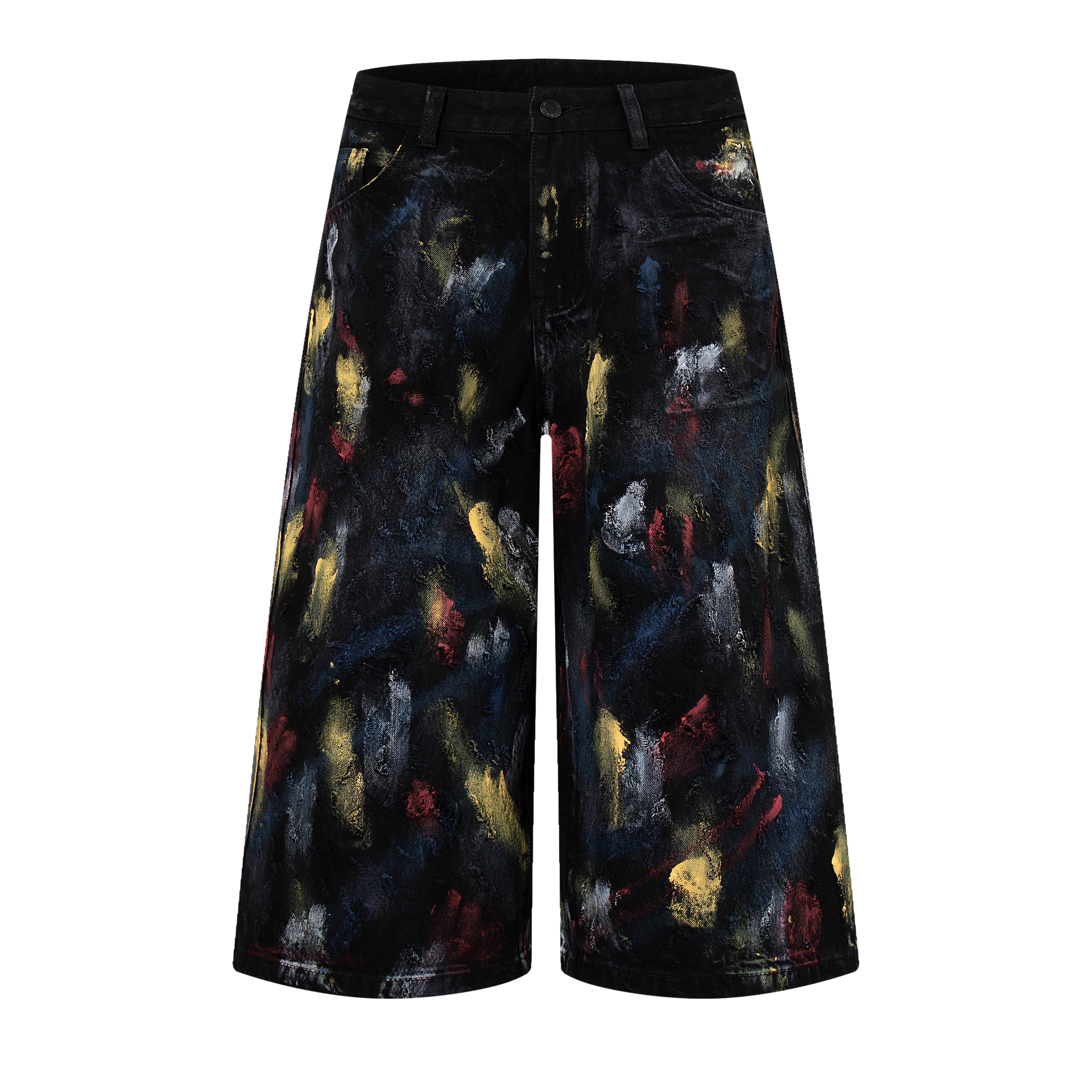 DONOTLOGO Unisex Abstract Graffiti Denim Bermuda Shorts - Vintage Distressed Baggy Jorts with Colorful Splatter Print - Y2K Streetwear Loose Fit Knee Length Jean Shorts