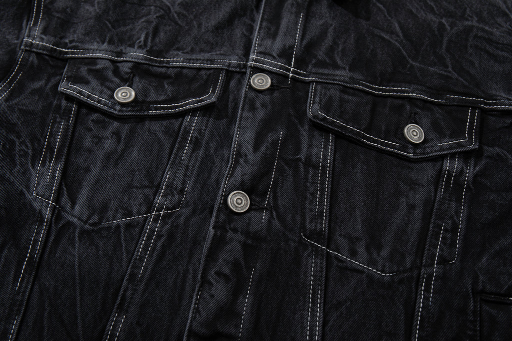 DONOTLOGO Deconstructed Black Denim Jacket - Raw Edge Acid Wash Oversized Jean Jacket - Unisex Grunge Aesthetic Vintage Streetwear